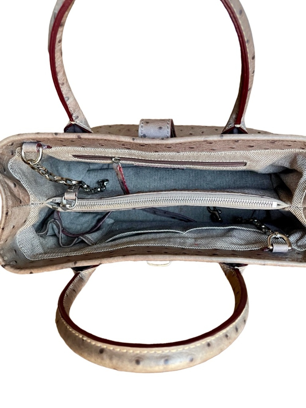 Dooney & Bourke Ostrich Leather Satchel Taupe Chain Strap Bag - Picture 11 of 14